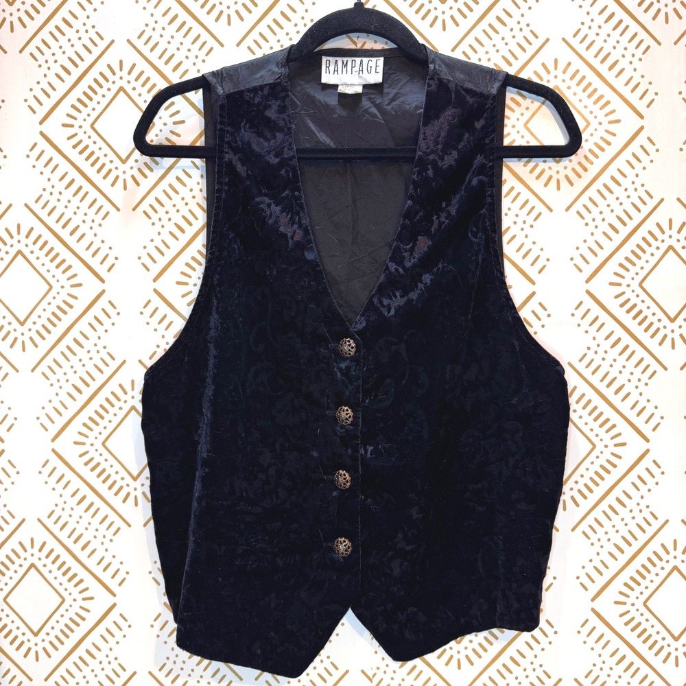 Vintage Rampage Vest Size M Black Velvet Burnout Floral Damask Ornate Indie